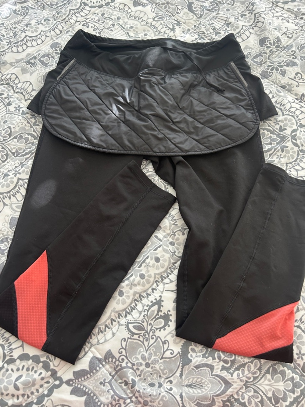 Black Athletic Skirted Leggings with Coral Accents